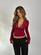 Maya Long Sleeve Lace Top - Wine Red