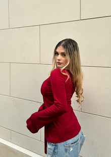Estella Tie Front Long Sleeve Top - Wine Red