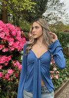 Estella Tie Front Long Sleeve Top - Navy Blue