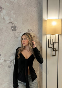 Estella Tie Front Long Sleeve Top - Black