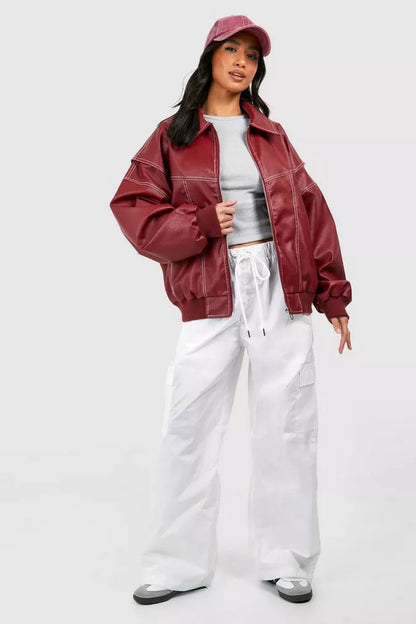 Faye | Red Leather Bomber Jacket