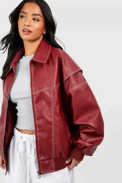 Faye | Red Leather Bomber Jacket